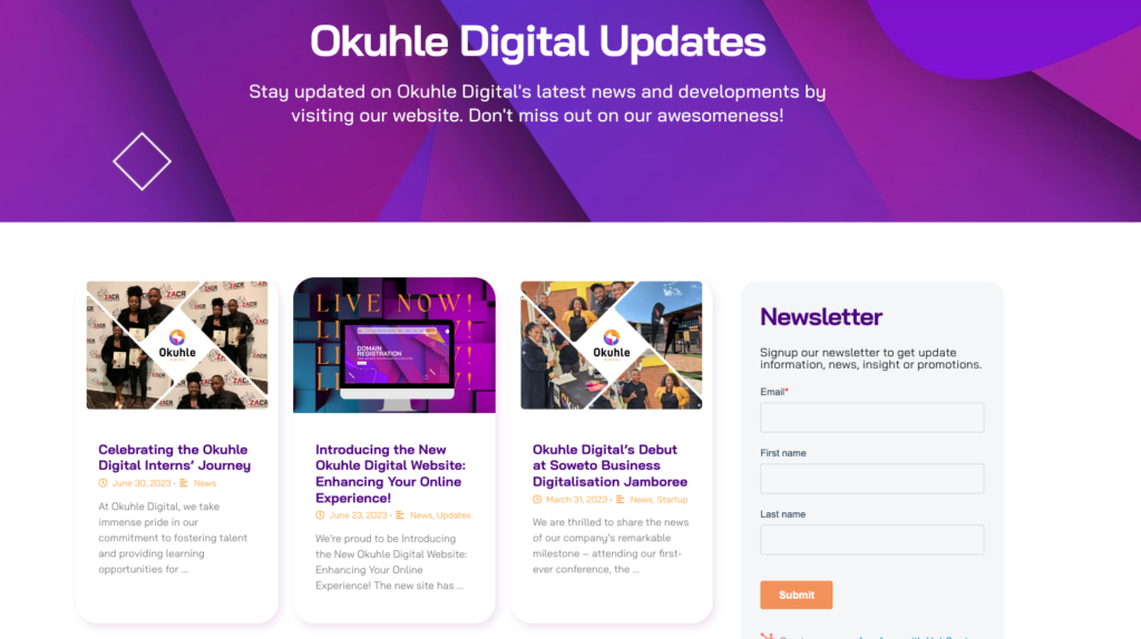 Image of the Okuhle Digital Updates page where all news, updates and resources will be posted.  