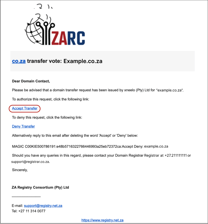 ZARC email containing the Accept Transfer link