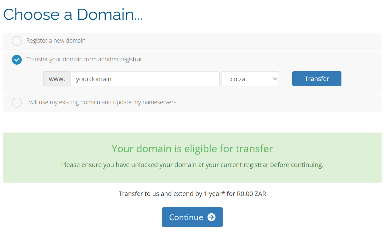 Domain transfer confirmation screen