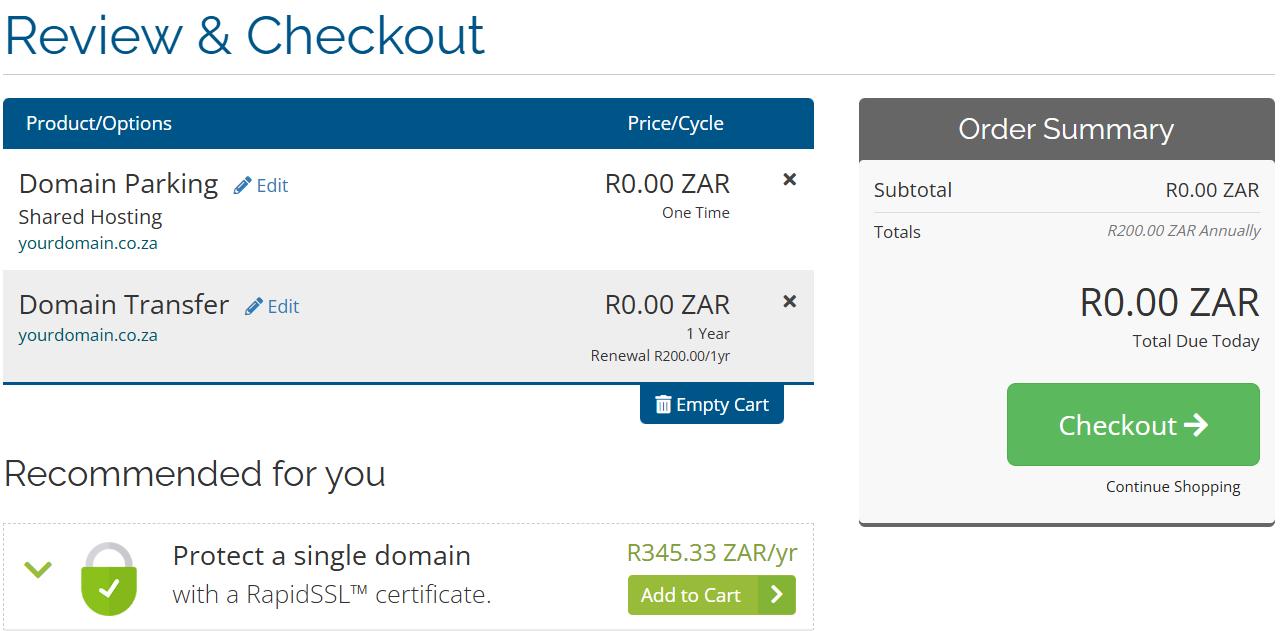 Domain transfer order review screen
