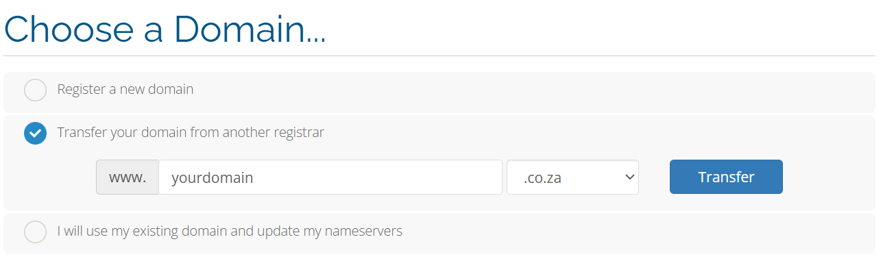 Domain transfer initiation screen