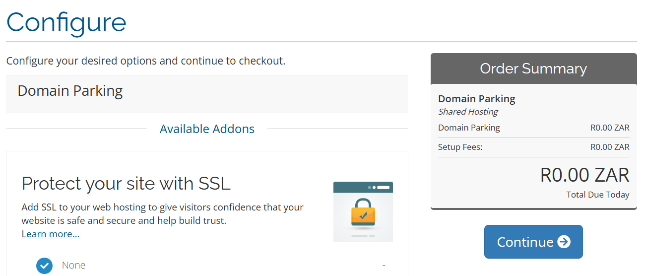 Domain Parking configuration screen